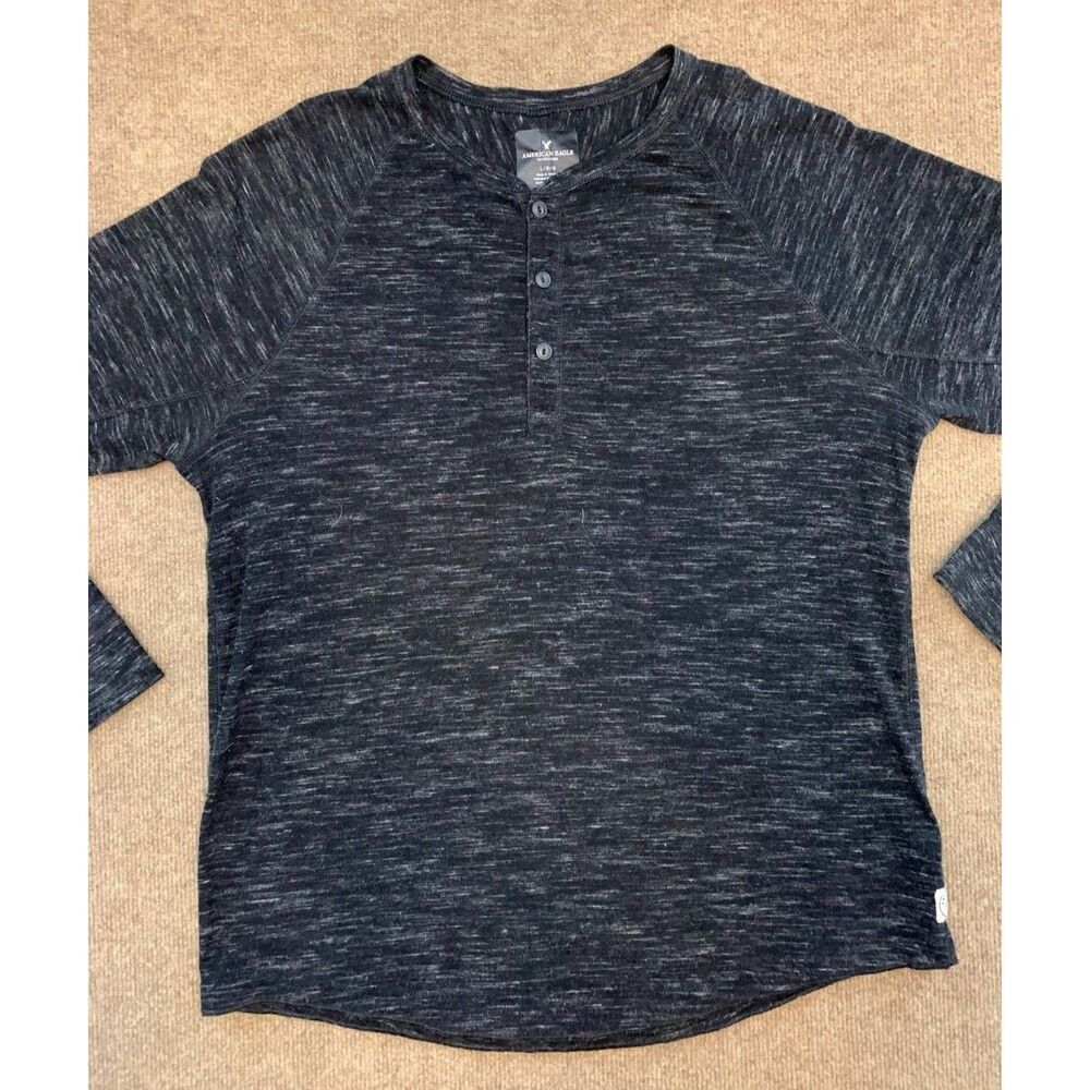 American Eagle Shirt Mens L Long Sleeve Henley Charcoal Heather Stretch Cotton